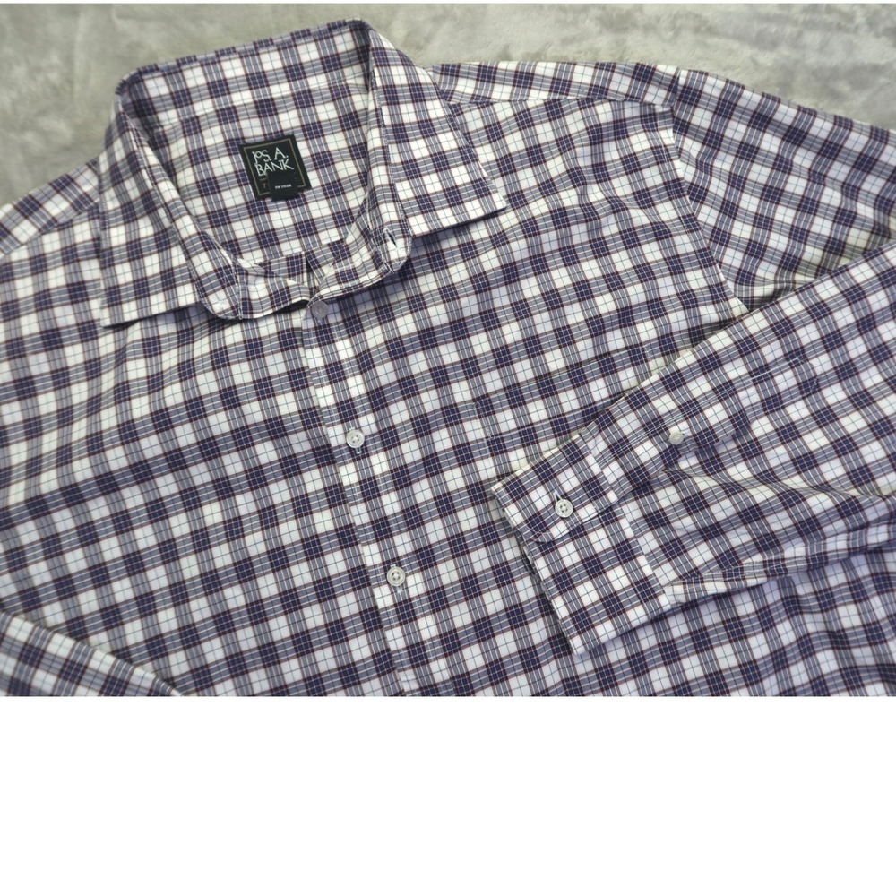 Jos. A.‎ Bank Traveler Shirt Men's XXL Tailored Fit Blue Burgundy Plaid Cotton